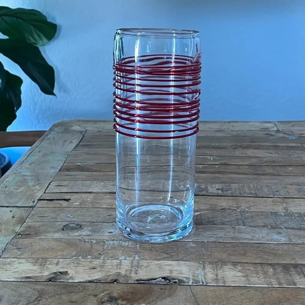 Vintage Pier 1 Imports Red Swirline Blown Glass Cylinder Art Vase 10